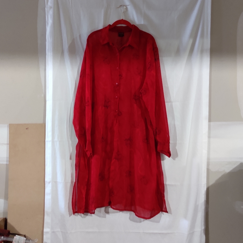 Revue Women's Red Black Sheer Floral Print Long Top Jacket Size 3X